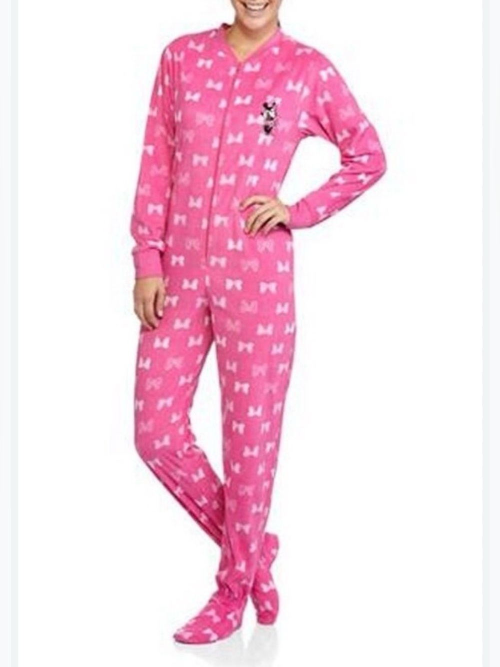 Disney Women Pink Pajamas Jumpsuit Size S Small Minnie mouse Bow Print Comfort